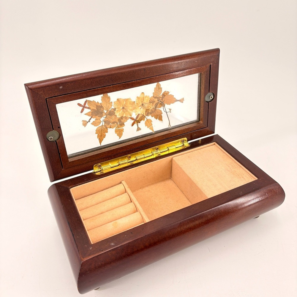 Vintage Wood Musical Jewelry Box Pressed Dried‎ Flower Glass Lid Brass Feet